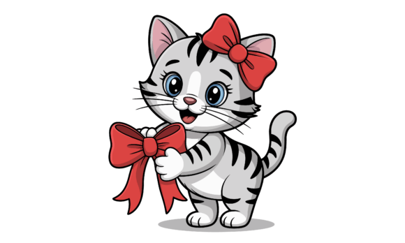 Adorable Cartoon Cat Holding a Red Bow