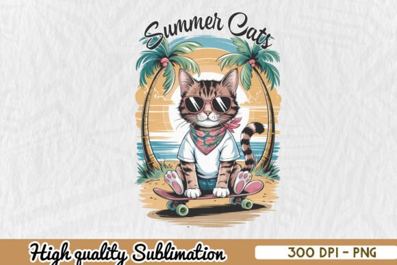 Cat on Skateboard Tropical Summer PNG