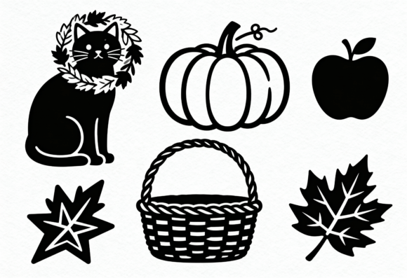 Cute Black Cat Pumpkin Apple Leaf