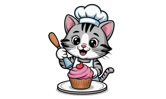 Cute Cat Chef Baking a Cupcake