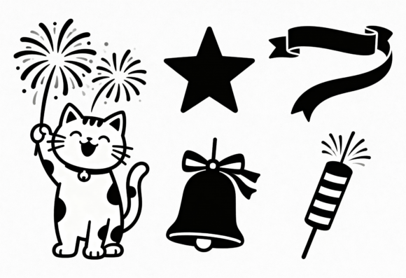 Cute Cat Fireworks Bell Star Ribbon