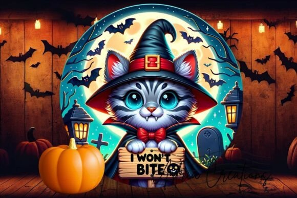 Halloween Cat Vampire Round Sign Design