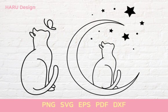 Moon Cat and Stars Butterfly Cat Outline