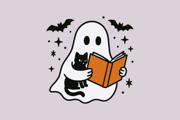 Spooky Ghost Cat Reading Halloween