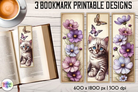 Vintage Floral Bookmark with Cute Kitten