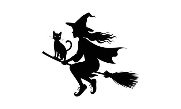 Witch and Cat Flying on a Broom